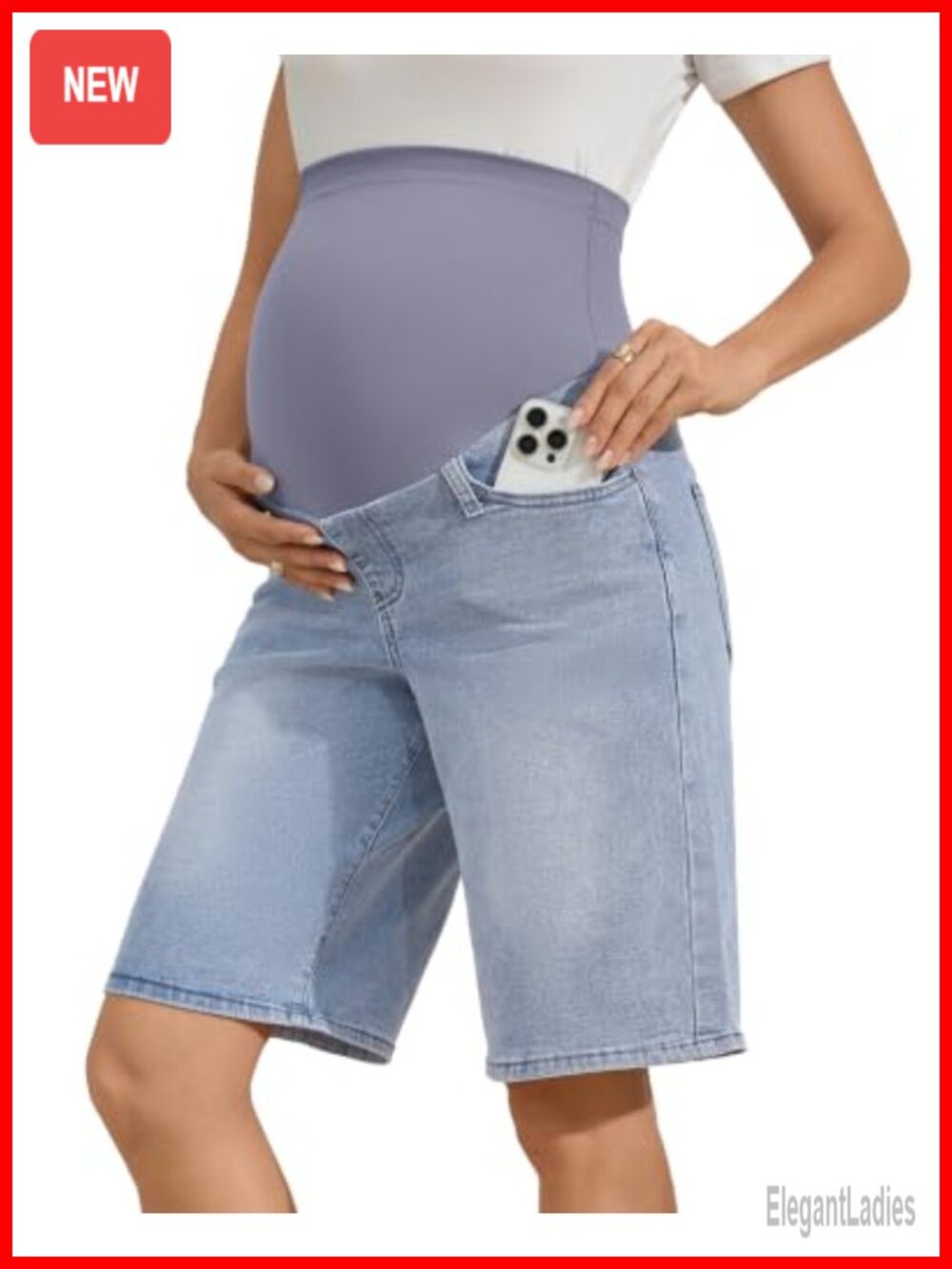Maternity Bermuda Denim Shorts Over the Belly Wide Leg Knee Length Pockets S-2XL